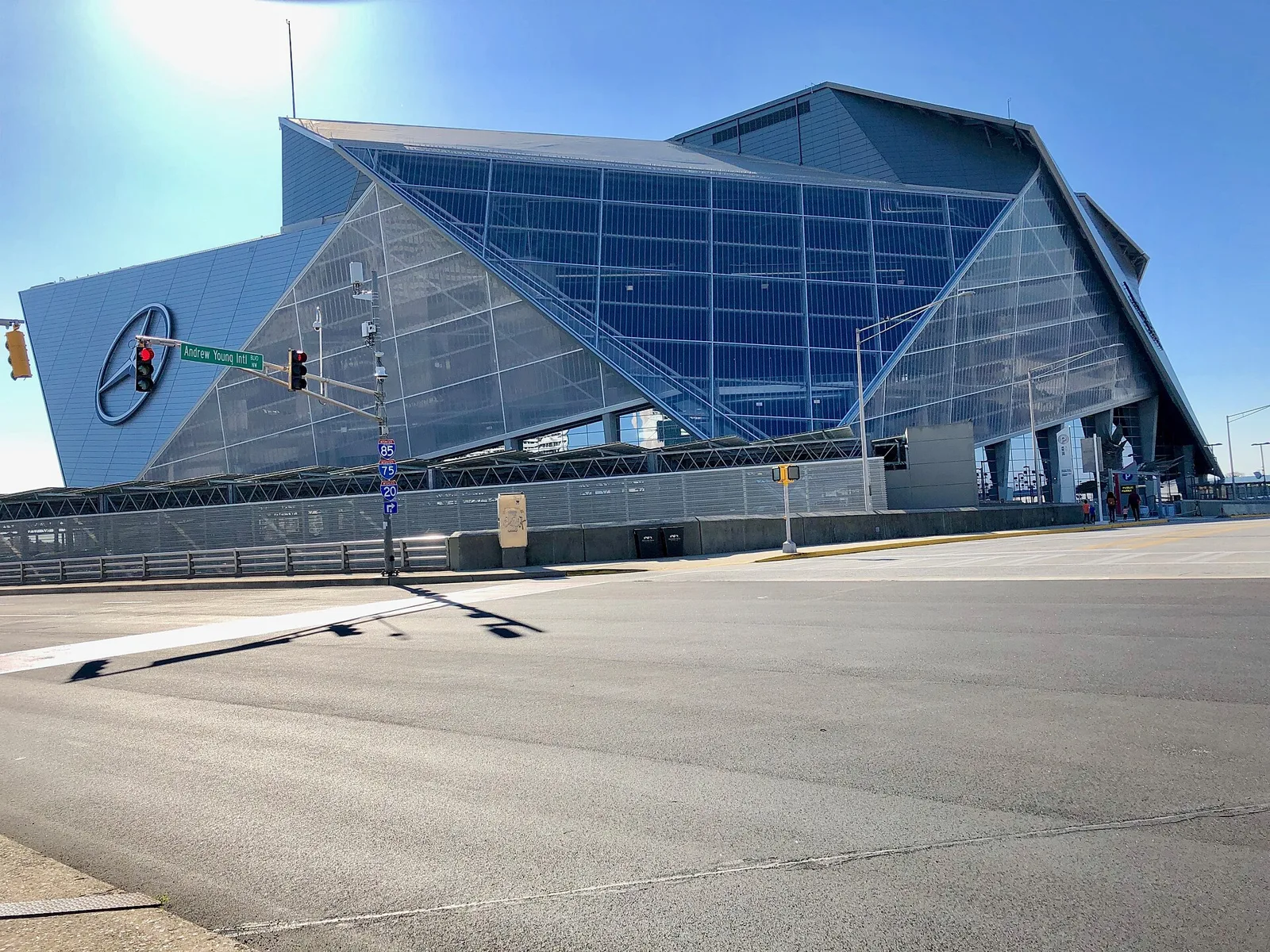 Mercedes-Benz Stadium seen from Andrew Young International Boulevard in downtown Atlanta