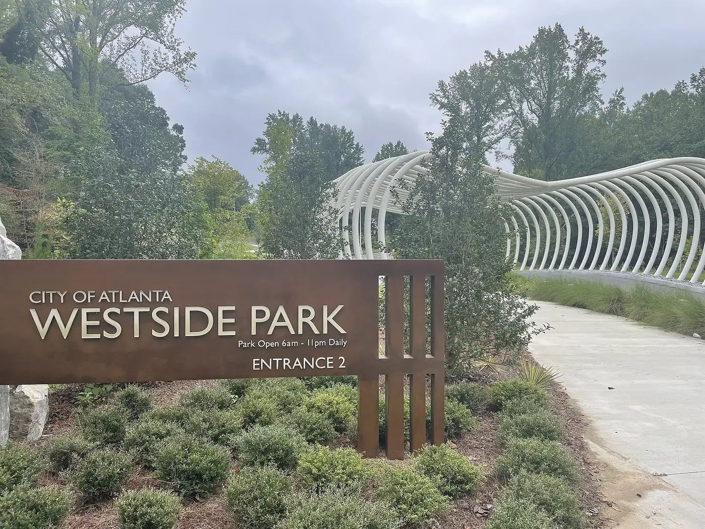 Entrance 2 to Westside Park, the city park beside the Bellwood Quarry in northwest Atlanta